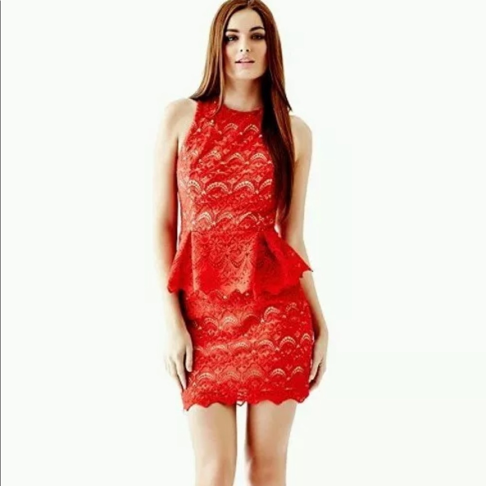 Guess Red Lace Peplum Sheer Dress
